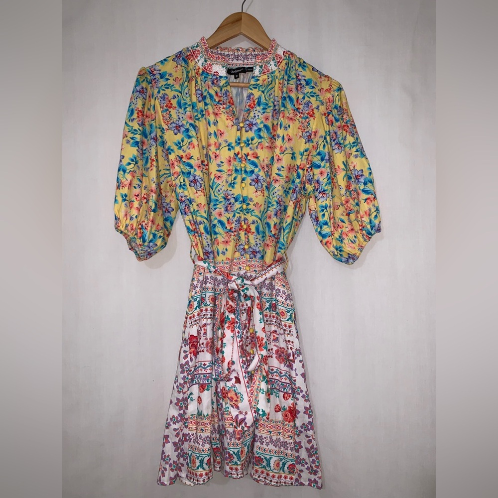Tolani Vibrant Floral 100% Cotton Dress Knee Length Balloon Sleeve Dress M